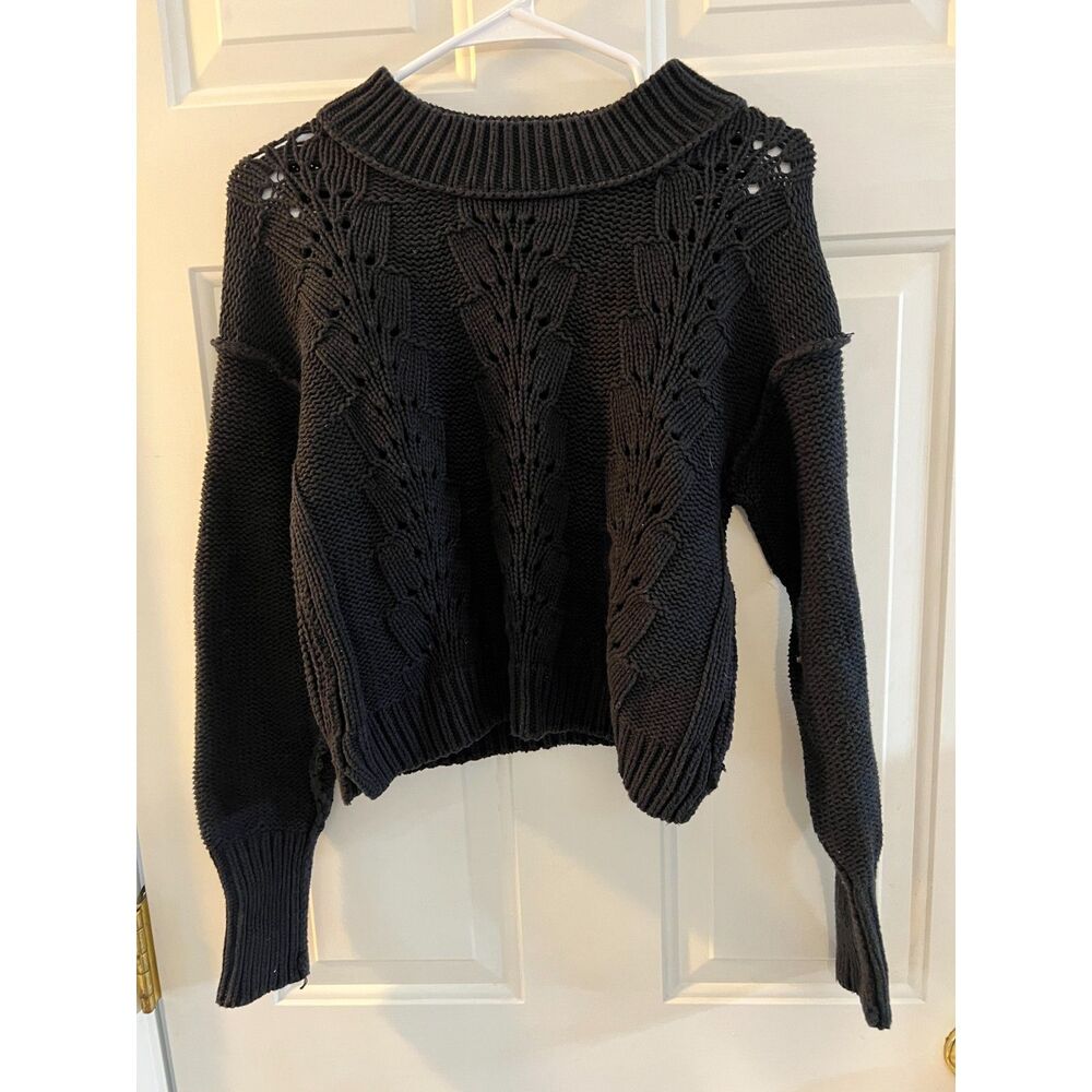 Free People Black Open Leaf Cable Knit Cropped Sweater Scoop Neck Pullover S